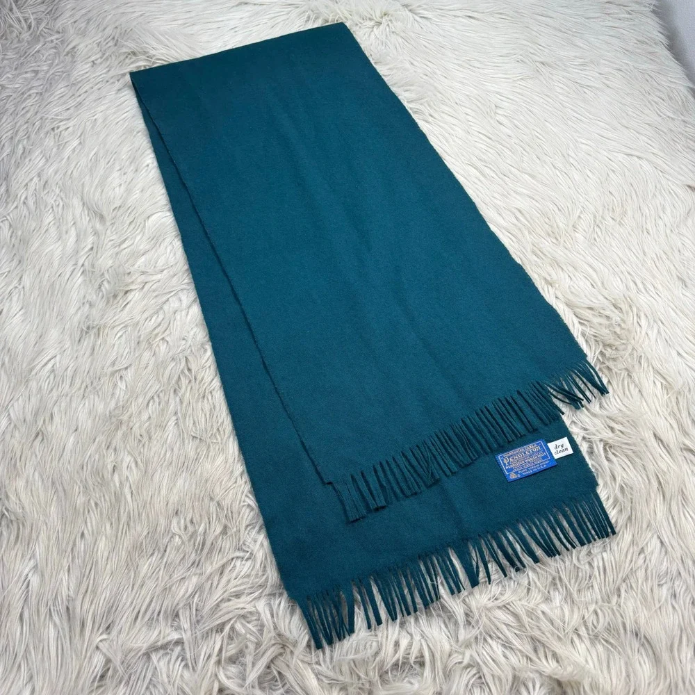 Pendelton Unisex Wool Scarf Fringe Hem Wool Teal Green Artisan Classic Preppy